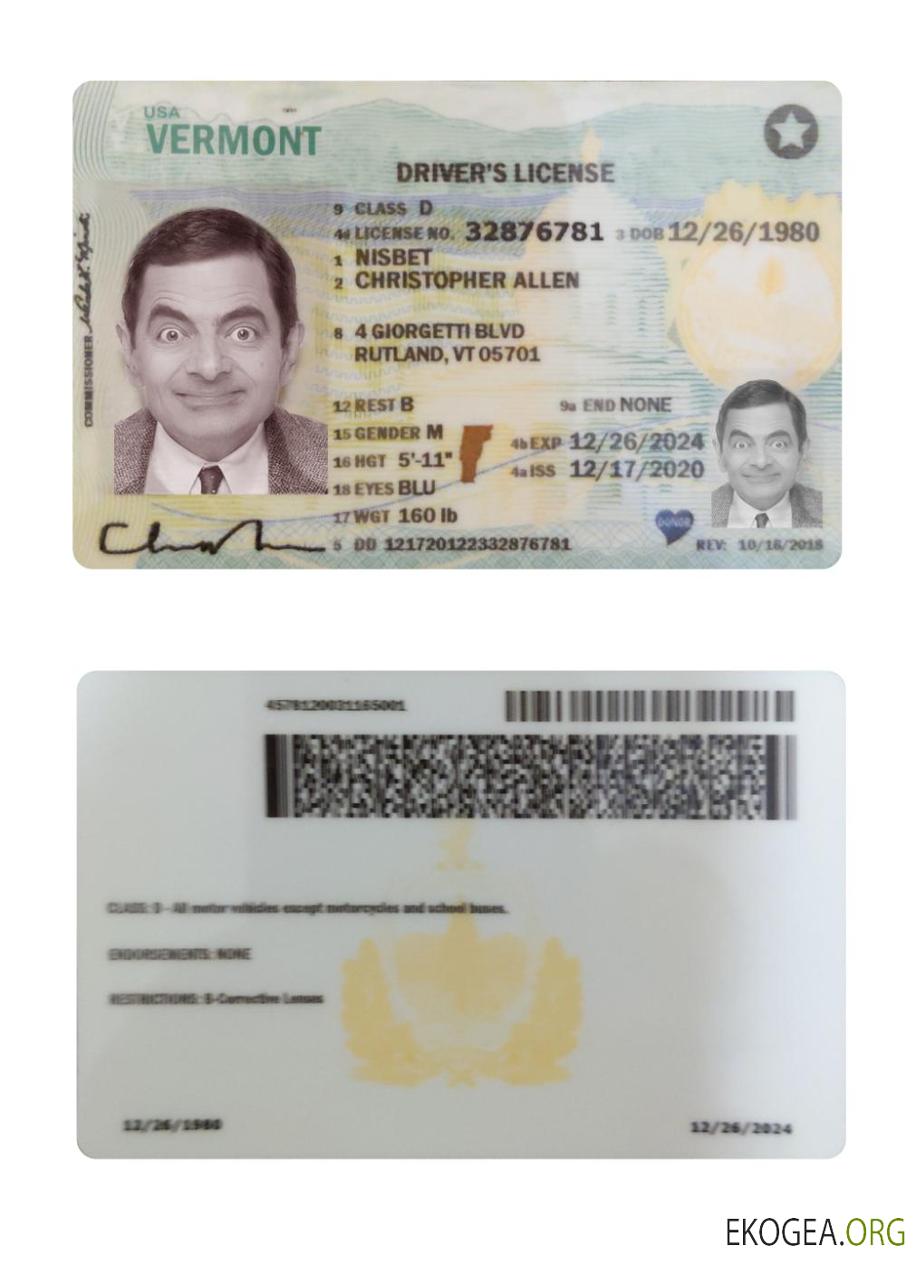 Usa Vermont driving license 2020 present template